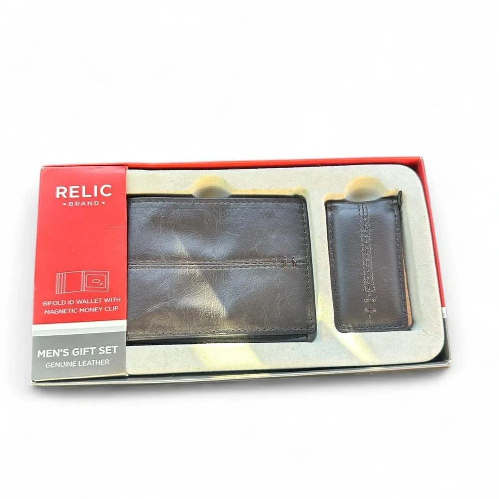 Relic Men's Dark Brown Leather wallet and Money Clip Set
